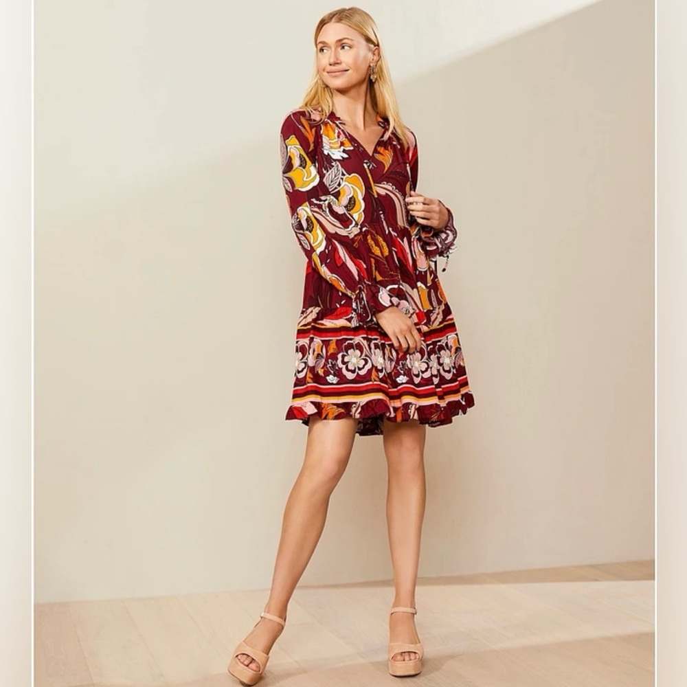 Gibson & Latimer Tie Neck Long Raglan Sleeve Floral Printed Dress Size XL